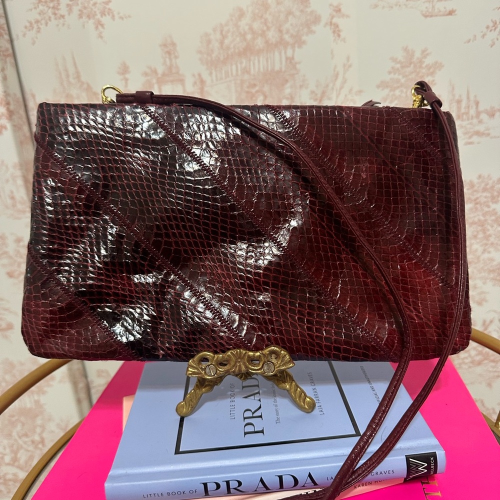 Rare Vintage 1970’s Python Snake Burgundy Bag With Gold Hardware